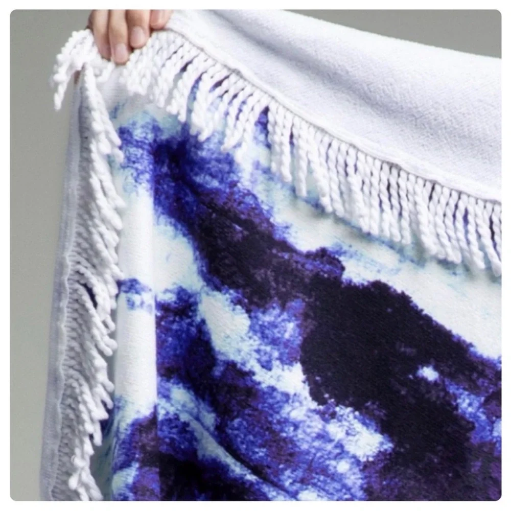 NEW Indigo & White Tie-Dye Towel Throw with Fringe - Picture 3 of 5